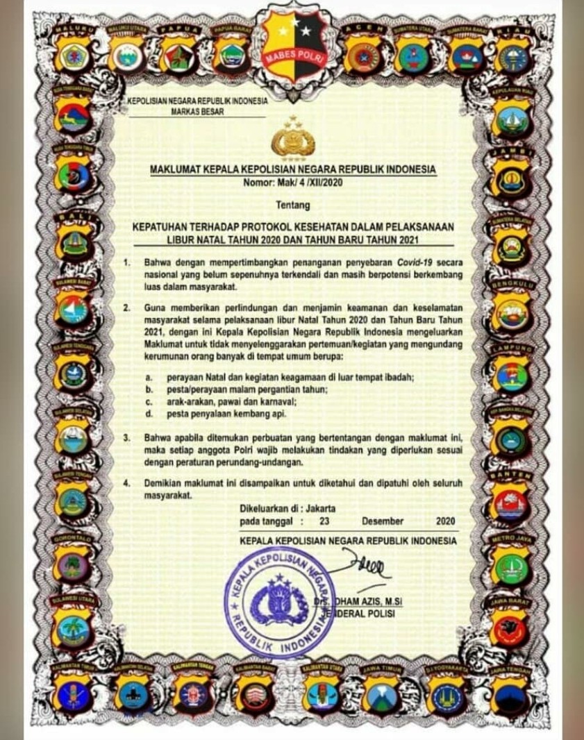 Ini Maklumat Kapolri, Kepatuhan Protkes saat Natal dan Tahun Baru 2021