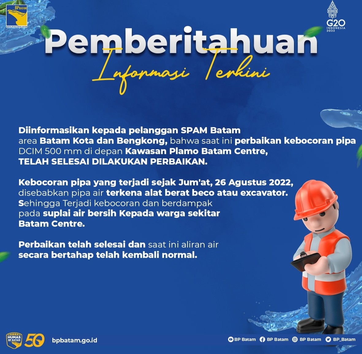 Perbaikan Pipa Telah Selesai, Suplai Air Batam Center Berangsur Normal